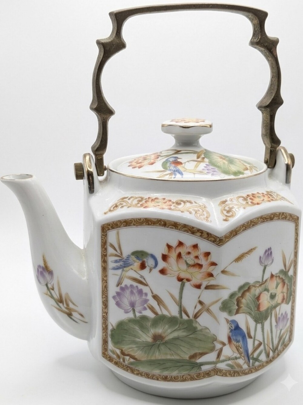 HOMCO Japan Hexagonal Porcelain Teapot with Brass Handle (Mid-Late Century)